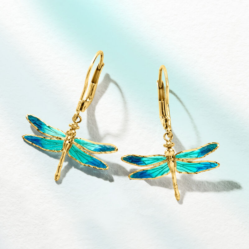 Italian Tonal Blue Enamel Dragonfly Drop Earrings in 18kt Yellow Gold image number 2
