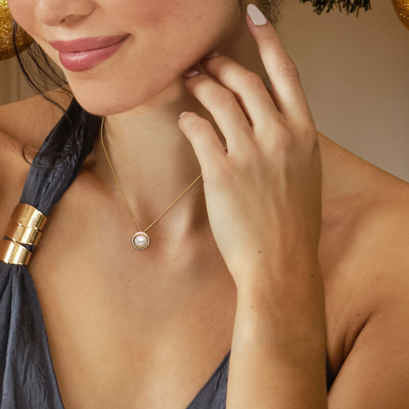 8-9mm Cultured Pearl and .16 ct. t.w. Diamond Pendant Necklace in 14kt Yellow Gold. 16&quot; image number 0