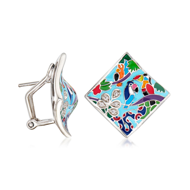 Belle Etoile &quot;Tropical Rainforest&quot; Blue and Multicolored Enamel Earrings with .10 ct. t.w. CZs in Sterling Silver image number 2
