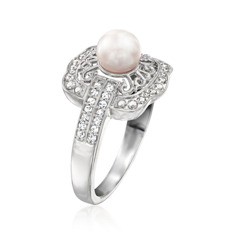 6-6.5mm Cultured Pearl Square-Top Ring with .15 ct. t.w. Diamonds in Sterling Silver image number 1