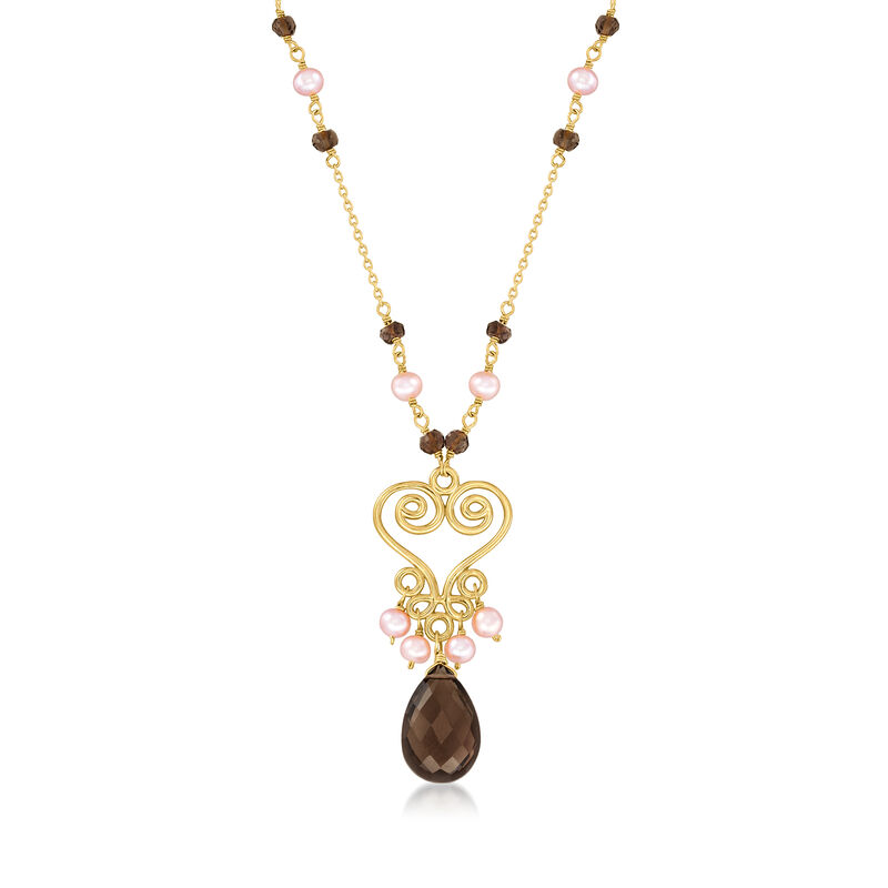 3-4mm Pink Cultured Pearl and 7.40 ct. t.w. Smoky Quartz Pendant Necklace in 18kt Gold Over Sterling image number 0