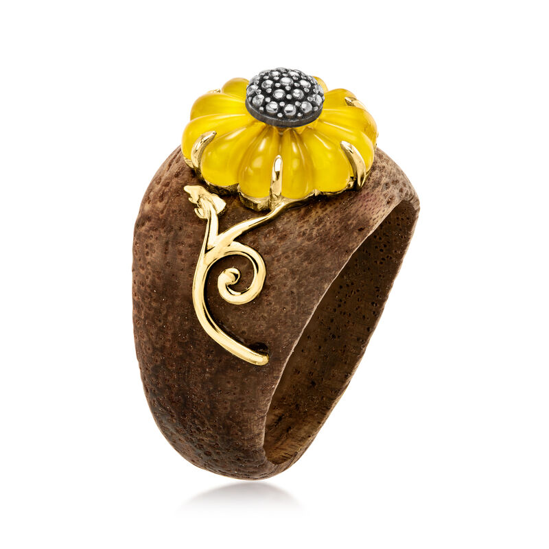 Wooden Sunflower Ring with Yellow Chalcedony and 18kt Gold Over Sterling image number 2