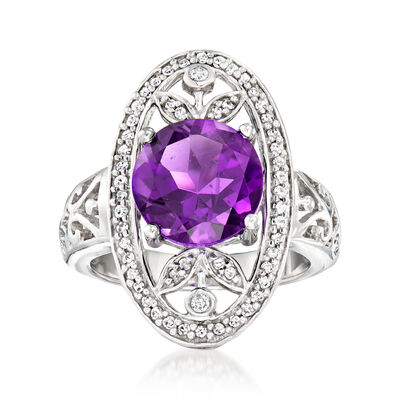 C. 2020 Vintage 3.00 Carat Amethyst Openwork Ring with .35 ct. t.w. Diamonds in 14kt White Gold