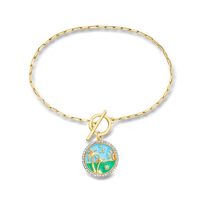 .20 ct. t.w. White Topaz Beach Charm Toggle Bracelet with Multicolored Enamel and Single Swiss Blue Topaz in 18kt Gold Over Sterling