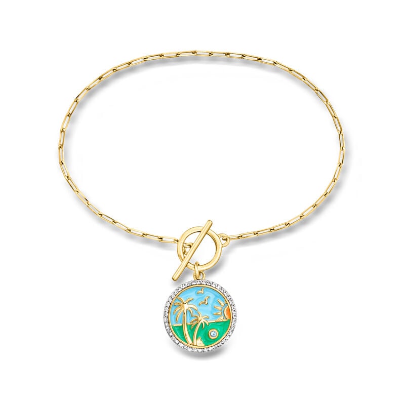 .20 ct. t.w. White Topaz Beach Charm Toggle Bracelet with Multicolored Enamel and Single Swiss Blue Topaz in 18kt Gold Over Sterling image number 0