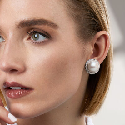 C. 1980 Vintage 15.5mm Mabe Pearl and 1.30 ct. t.w. Diamond Earrings in 14kt White Gold