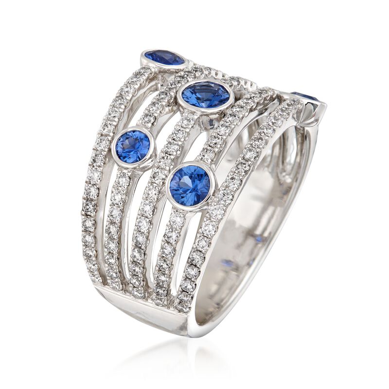 .70 ct. t.w. Bezel-Set Sapphire and .88 ct. t.w. Multi-Band Ring in 14kt White Gold image number 2