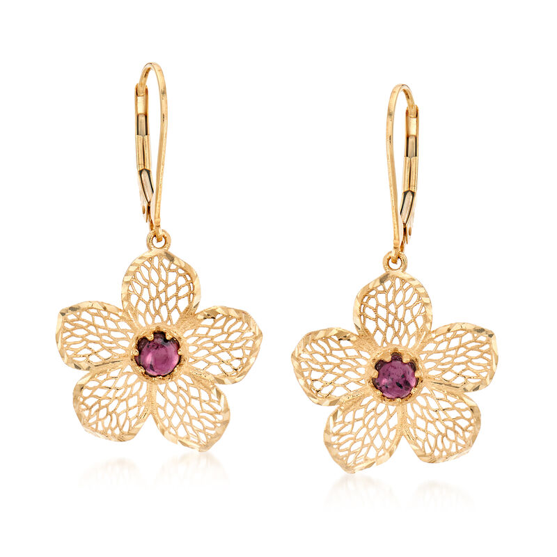 Italian .90 ct. t.w. Garnet Flower Drop Earrings in 14kt Yellow Gold image number 0
