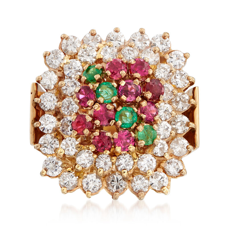 C. 1980 Vintage 2.65 ct. t.w. Diamond, 1.20 ct. t.w. Ruby and .40 ct. t.w. Emerald Ring in 14kt Yellow Gold. Size 9 image number 0