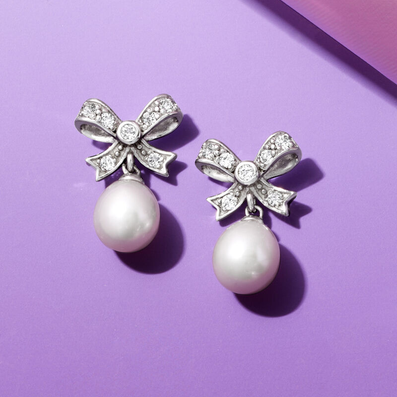 8-9mm Cultured Pearl and .30 ct. t.w. White Topaz Bow Drop Earrings in Sterling Silver image number 2