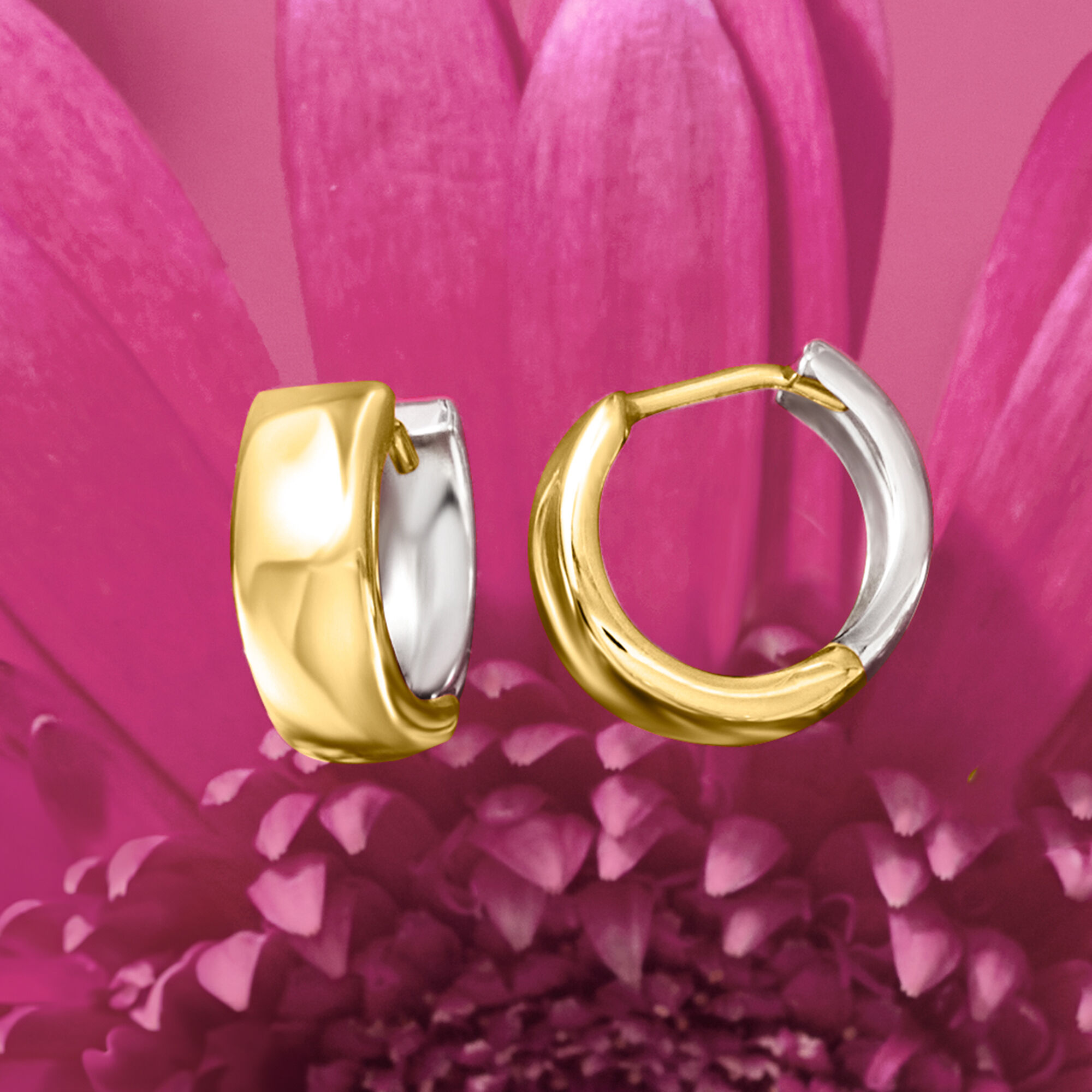 14kt Two Tone Gold Reversible Huggie Hoop Earrings. 3 8