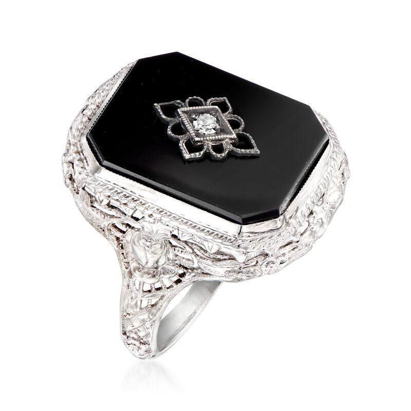 C. 1940 Vintage Black Onyx and Diamond-Accented Ring in 14kt White Gold image number 2