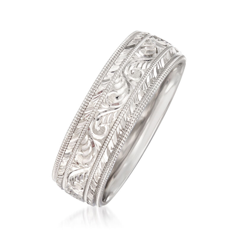 Men's 7mm 14kt White Gold Hand-Engraved Wedding Band image number 1