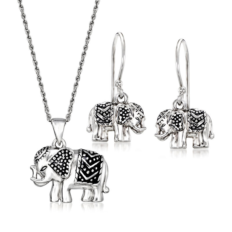 Sterling Silver Elephant Jewelry Set: Drop Earrings and Pendant Necklace image number 0