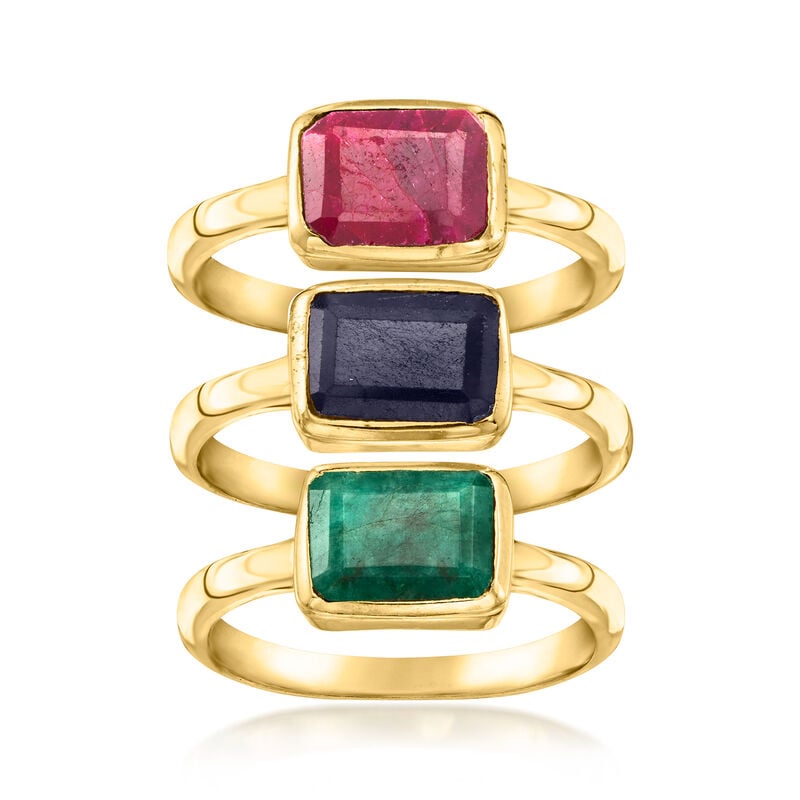 6.90 ct. t.w. Multi-Gemstone Jewelry Set: Three Rings in 18kt Gold Over Sterling. Size 7 image number 0