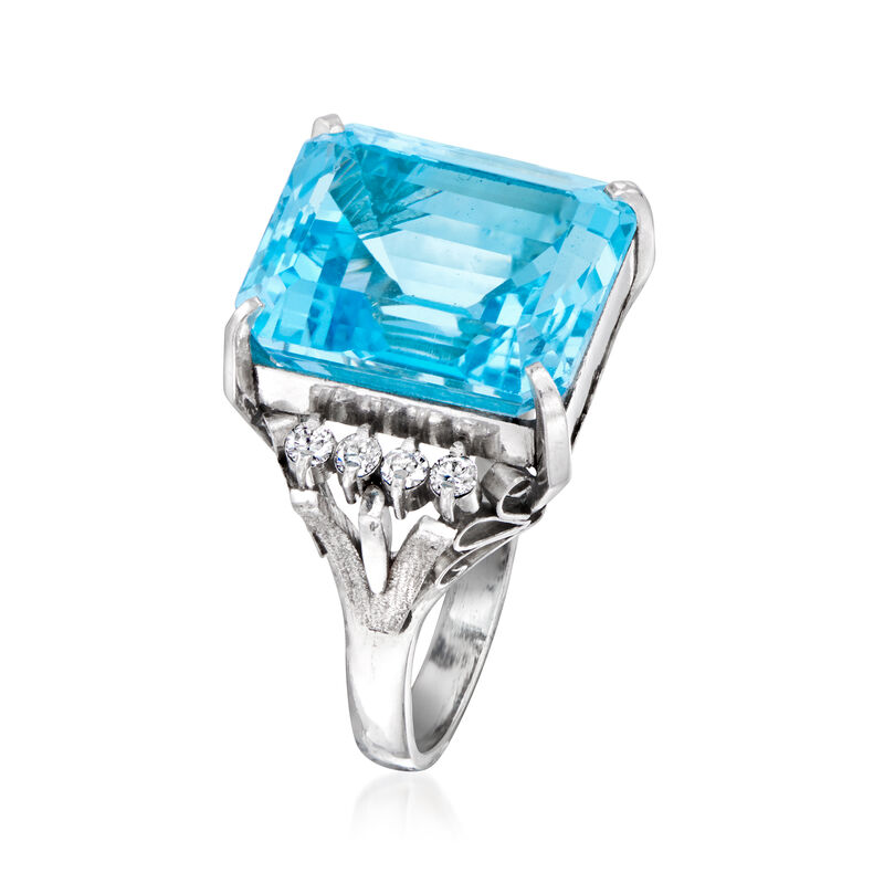 C. 1970 Vintage 11.28 Carat Swiss Blue Topaz and .17 ct. t.w. Diamond Cocktail Ring in Platinum. Size 5 image number 2