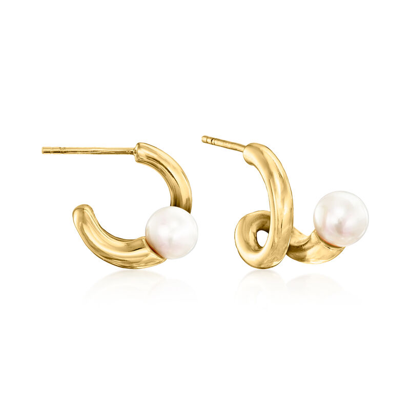 6mm Cultured Pearl Curved-Loop Hoop Earrings in 18kt Gold Over Sterling. 1/2&quot; image number 0