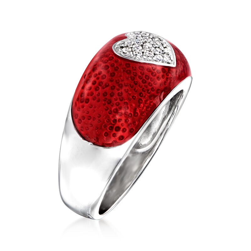 C. 1990 Vintage .17 ct. t.w. Diamond and Red Enamel Heart Ring in 14kt White Gold image number 2