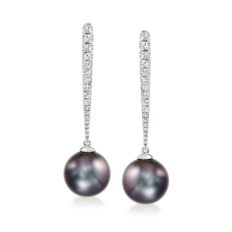 10-11mm Black Cultured Tahitian Pearl and .43 ct. t.w. Diamond Drop Earring in 18kt White Gold image number 0