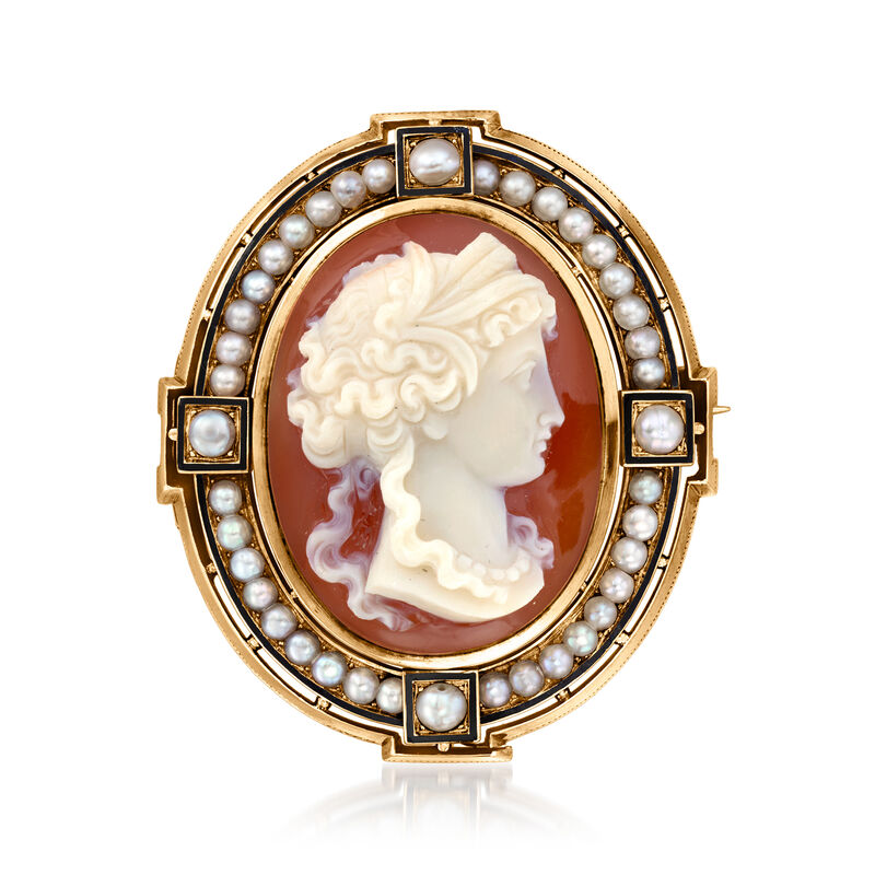 C. 1940 Vintage Brown Agate Cameo Pin/Pendant with 2.5-3.5mm Cultured Pearls in 14kt Yellow Gold image number 3