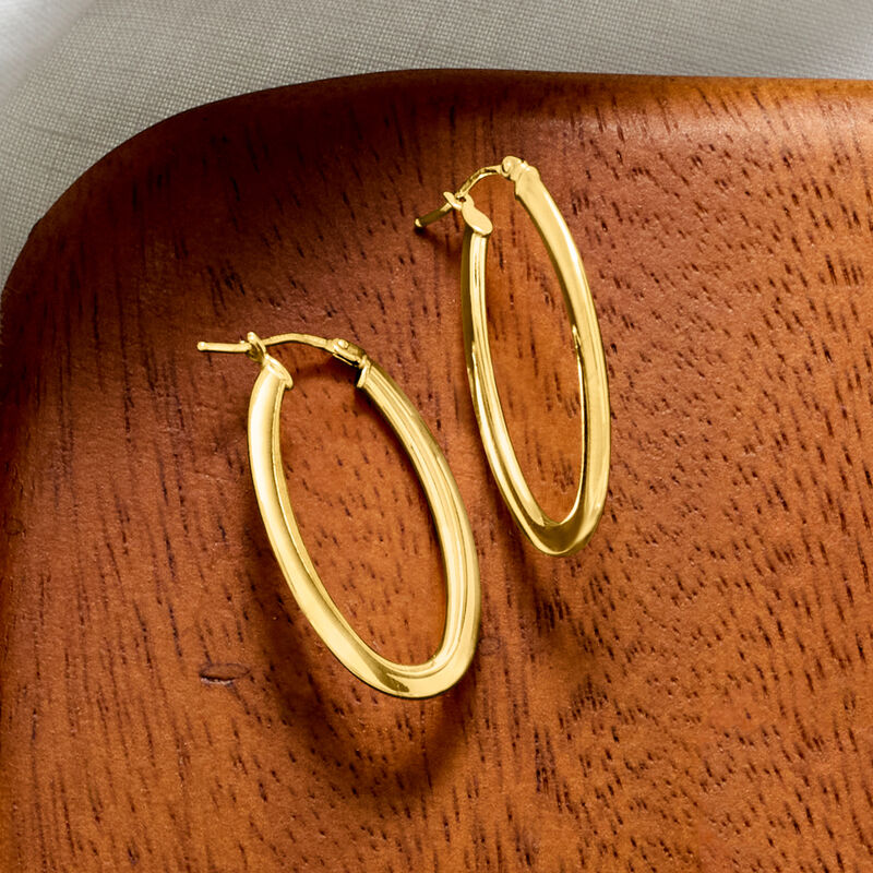 Italian 10kt Yellow Gold Oval Hoop Earrings. 1 1/8"