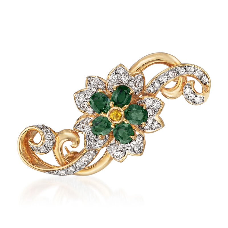 C. 1980 Vintage 2.58 ct. t.w. Green and Yellow Sapphire and 1.10 ct. t.w. Diamond Flower Pin in 18kt Yellow Gold image number 0