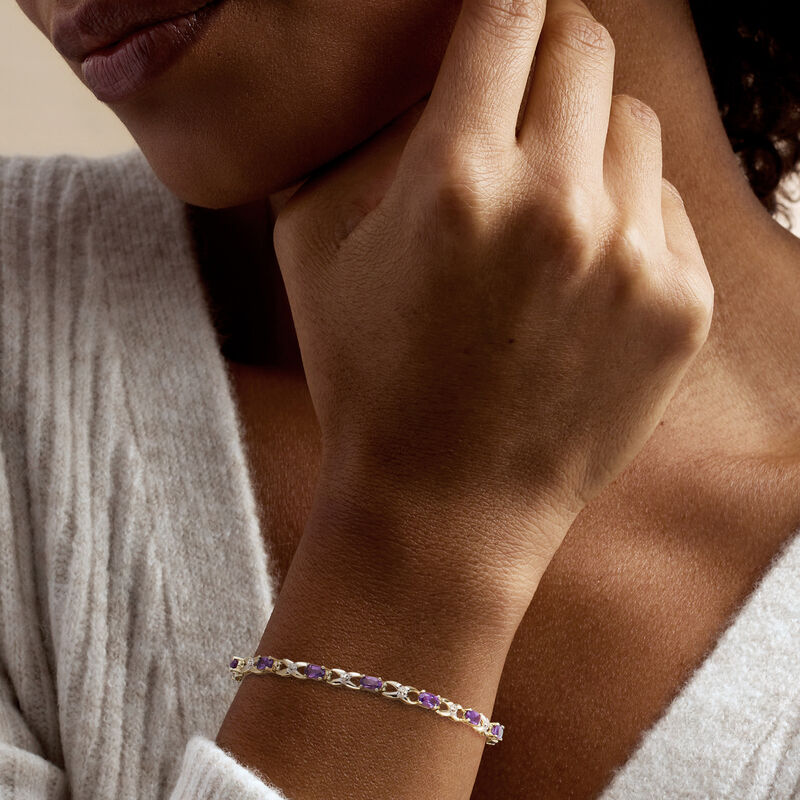 C. 1990 Vintage 2.40 ct. t.w. Amethyst Link Bracelet with Single Diamond in 10kt Two-Tone Gold. 7" image number 1