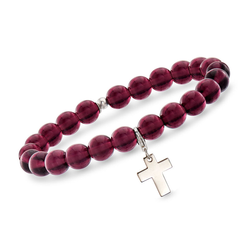 Italian Purple Murano Glass Bead Stretch Bracelet with Sterling Silver Cross Charm. 7&quot; image number 0