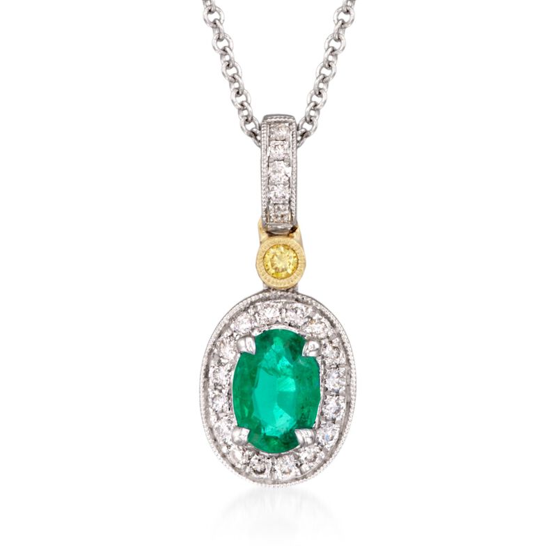 C. 2018 Simon G. .45 Carat Emerald and .14 ct. t.w. Yellow and White Diamond Pendant Necklace in 18kt Yellow and White Gold. 18&quot; image number 0