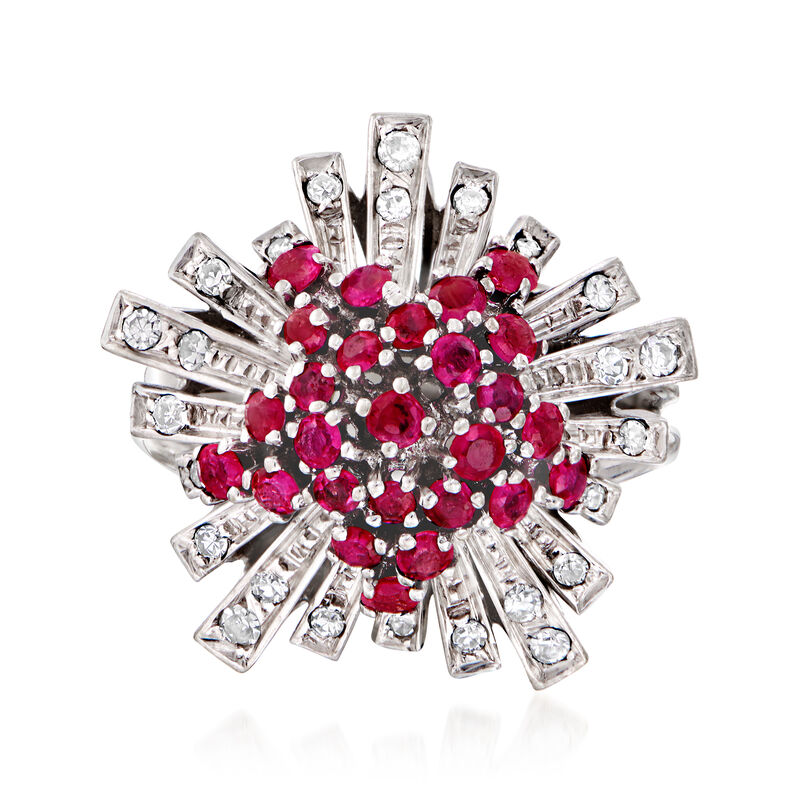 C. 1960 Vintage .75 ct. t.w. Ruby and .40 ct. t.w. Diamond Burst Ring in 18kt White Gold image number 0