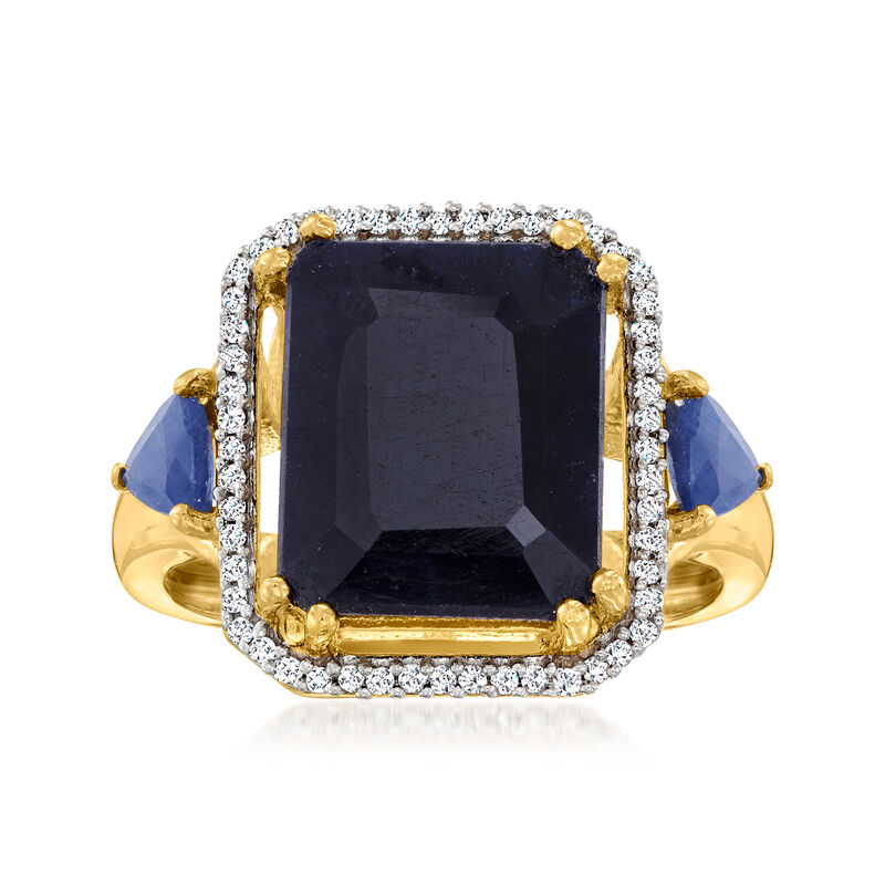 7.75 ct. t.w. Sapphire Three-Stone Ring with .14 ct. t.w. Diamonds in 18kt Gold Over Sterling image number 0