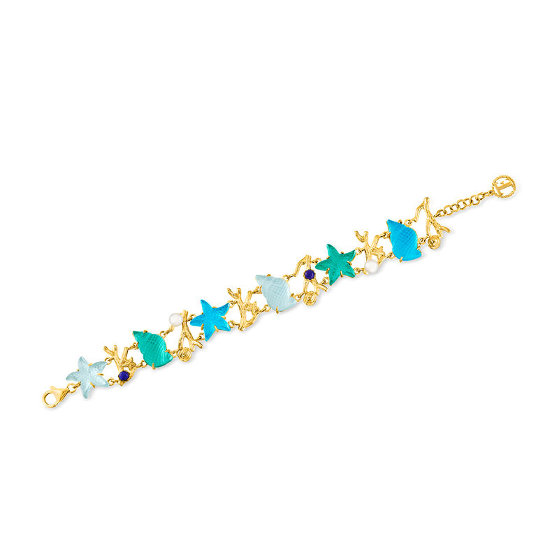 Italian Tagliamonte Blue and Green Venetian Glass Sea Life Bracelet with Cultured Pearl in 18kt Gold Over Sterling image number 2