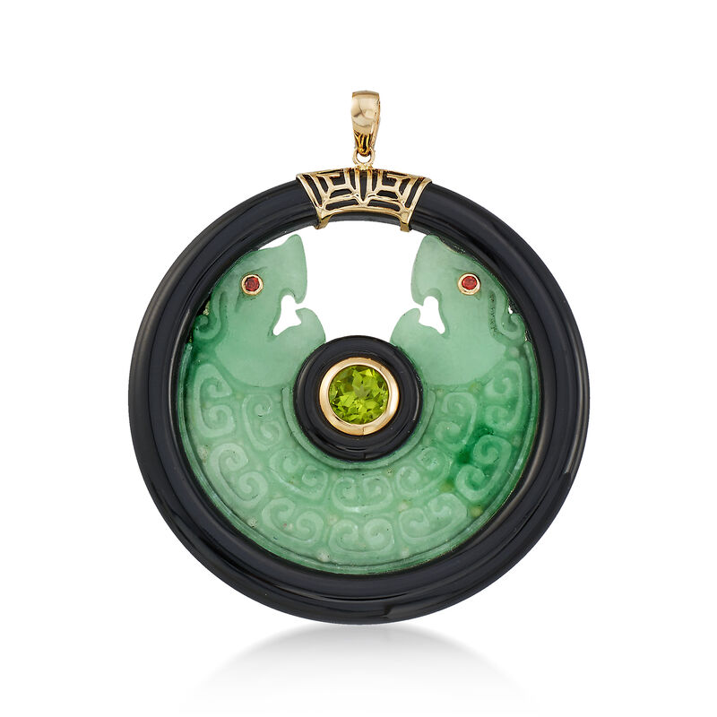 Jade and Black Agate Double Dragon Pendant with Peridot in 14kt Yellow Gold  image number 0