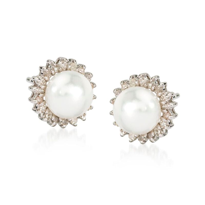 7mm Cultured Pearl and .25 ct. t.w. Diamond Earrings in 14kt White Gold image number 0
