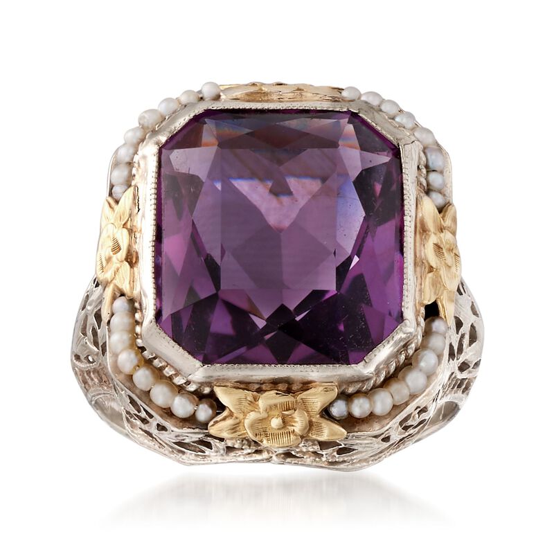 C. 1950 Vintage 7.50 Carat Amethyst Ring with Cultured Seed Pearls in 14kt Two-Tone Gold. Size 6 image number 0