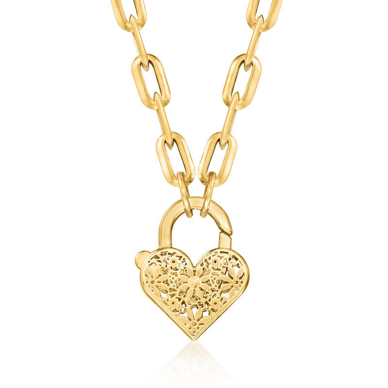 Italian 14kt Yellow Gold Floral Embroidery Heart Lock Paper Clip Link Necklace. 20" image number 1