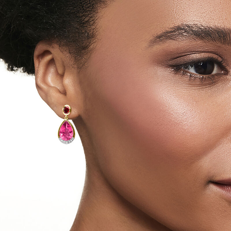 6.50 ct. t.w. Pink Topaz and .80 ct. t.w. Rhodolite Garnet Drop Earrings with .14 ct. t.w. Diamonds in 18kt Gold Over Sterling image number 1
