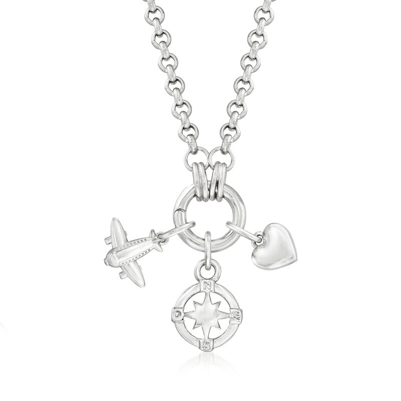 Italian Sterling Silver Jewelry Set: Rolo-Link Necklace with Three Travel-Themed Charms image number 5