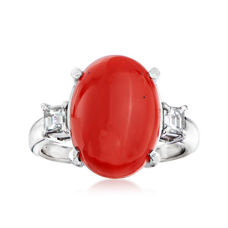 C. 1990 Vintage Red Coral and .40 ct. t.w. Diamond Ring in Platinum image number 0