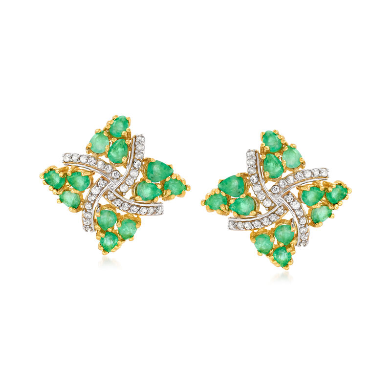 3.50 ct. t.w. Emerald and .25 ct. t.w. White Zircon Pinwheel Stud Earrings in 18kt Gold Over Sterling image number 0