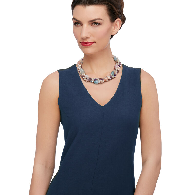 4-6.5mm Cultured Pearl and Multi-Stone Torsade Necklace with Sterling Silver image number 1