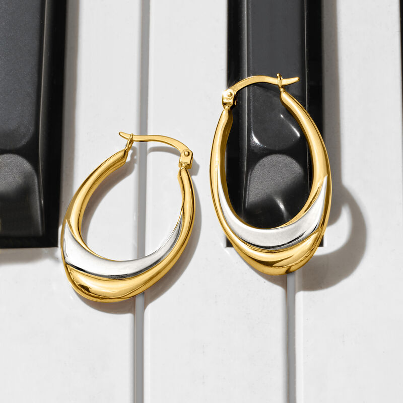 14kt Two-Tone Gold Oval Hoop Earrings. 1 1/4&quot; image number 2