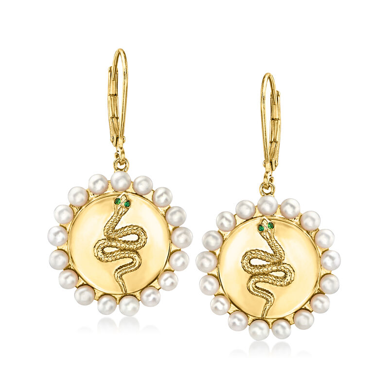 3mm Cultured Pearl Snake Drop Earrings with Tsavorites in 18kt Gold Over Sterling image number 0