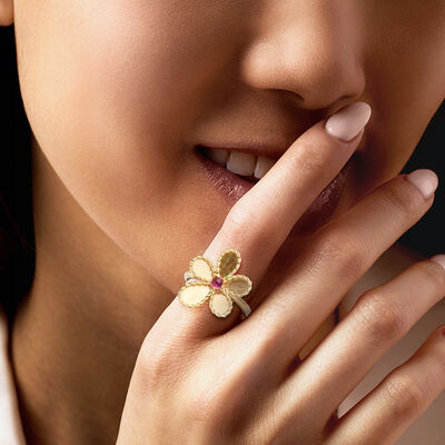 Roberto Coin "Jasmine" 1.25 Carat Pink Rubellite Flower Ring in 18kt Yellow Gold