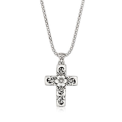 Sterling Silver Bali-Style Floral Cross Pendant Necklace