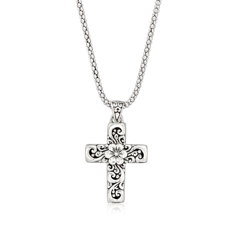 Sterling Silver Bali-Style Floral Cross Pendant Necklace. 18&quot; image number 1