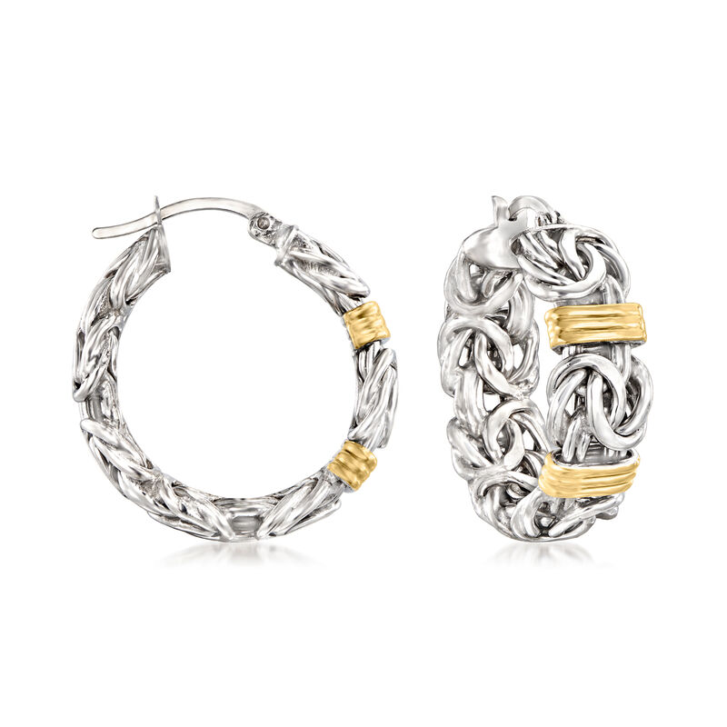 Sterling Silver and 14kt Yellow Gold Byzantine Station Hoop Earrings. 1 1/8&quot; image number 0
