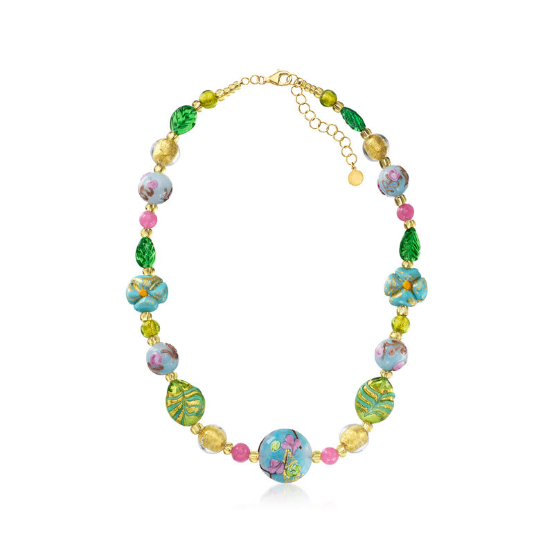 Italian Multicolored Murano Glass Bead Floral Necklace with 18kt Gold Over Sterling. 18" image number 1