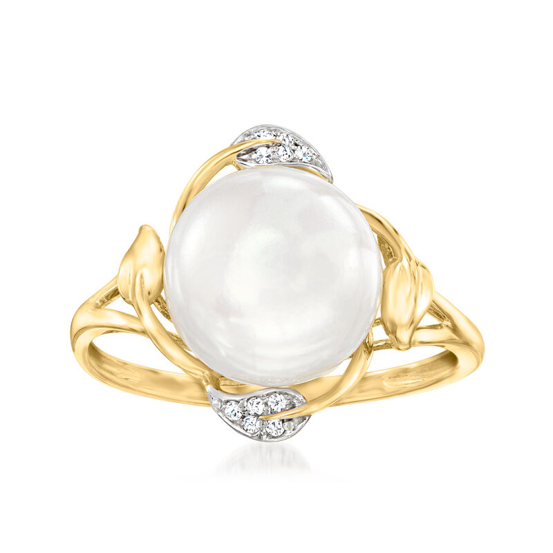 10-10.5mm Cultured Pearl Leaf Ring with Diamonds in 14kt Yellow Gold image number 0