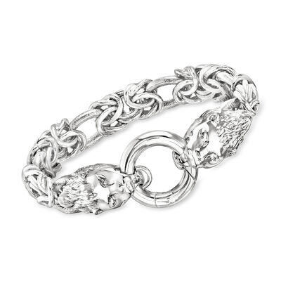 Italian Rhodium-Plated Double Lion Head Byzantine Bracelet